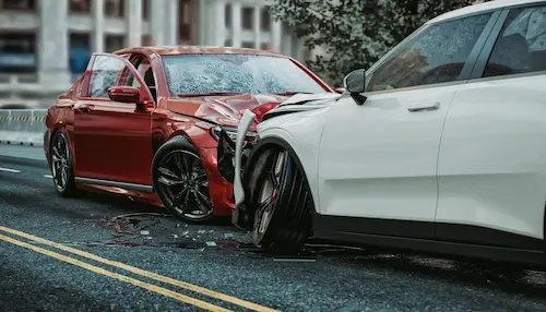 A front-end collision between two cars