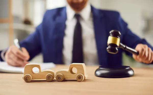 A car accident concept image with two toy cars and a lawyer holding a gavel. For the most part, proving negligence and filing claims on behalf of the injured party is the main job of an accident attorney. Whether you're trying to prove that someone is legally responsible for their distracted driving or for causing property damage to your vehicle, you need a personal injury attorney on your side.
