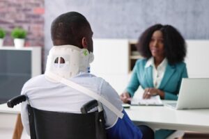 Example of how to file a workers' compensation claim: a young man wearing a neck brace and arm sling sits down with an attorney.