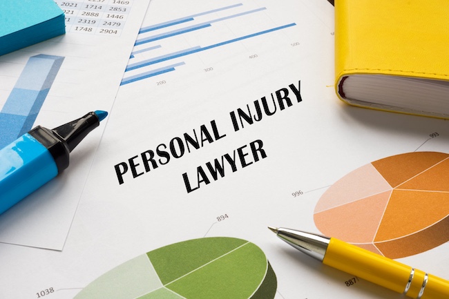Personal injury lawyer text on legal documents with charts and colorful stationery, representing legal assistance for accident victims in Marietta, Georgia.