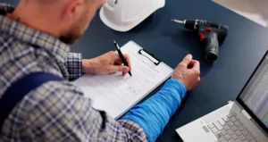 A man in an arm brace filling out a worker's comp claim and looking to potentially sue for other damages not covered in workers' compensation guidelines.
