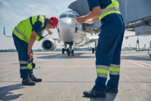 Ground crew at an airport pointing to a spot under a plane