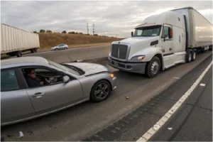 truck crash scene with commercial semi-truck about to hit a car