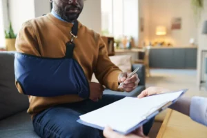 Injured poultry plant worker consulting with a workers compensation lawyer in Valdosta Georgia