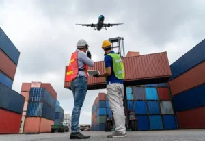 Shipyard workers looking up at airplane in a yard full of shipping containers